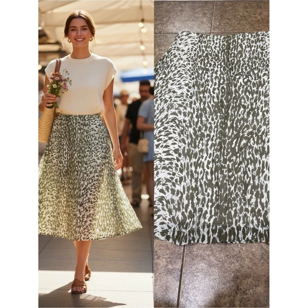 J.Crew 100% Silk Animal Print A-Line Skirt Size 8 Olive Green Midi